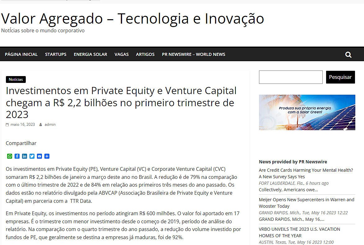 Investimentos em Private Equity e Venture Capital chegam a R$ 2,2 bilhes no primeiro trimestre de 2023